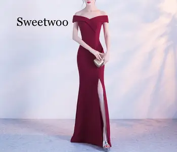 Бордовое платье с открытыми плечами для вечеринок, длинные свадебные платья на молнии, вечерние платья с разрезом  5