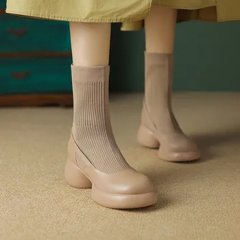 Ботинки на среднем каблуке, женские ботинки Rock Shoes-Женская зимняя обувь с круглым носком, 2023 г., Кожаные женские туфли на высоком каблуке, осенняя обувь на плоской подошве, натуральная лодыжка  4