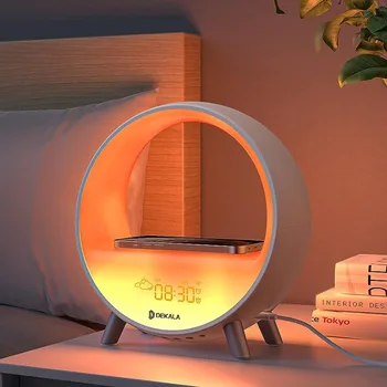 Будильник DUTRIEUX Sunrise с быстрой беспроводной зарядкой мощностью 15 Вт, звуковой машиной с белым шумом, умной внешней лампой, приложением для постепенного восхода солнца.  3