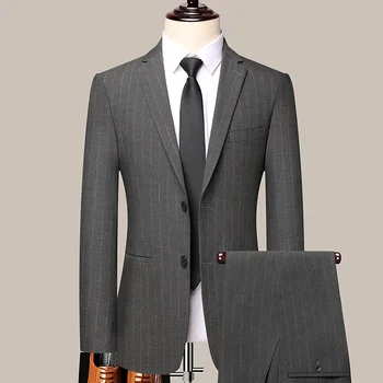 Бутик (Блейзер + брюки) Модный джентльменский Удобный повседневный микроэластичный свадебный деловой облегающий карьерный набор из 2 предметов  5