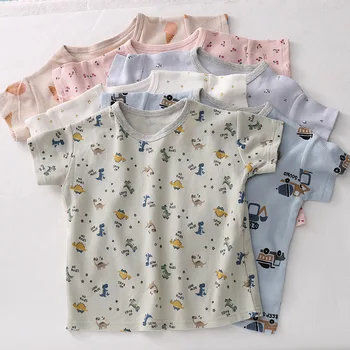 Вафельные футболки для маленьких мальчиков, автомобиль с динозавром, вишневые цветы, хлопковые футболки с короткими рукавами для девочек, летняя мягкая одежда для малышей с героями мультфильмов  5