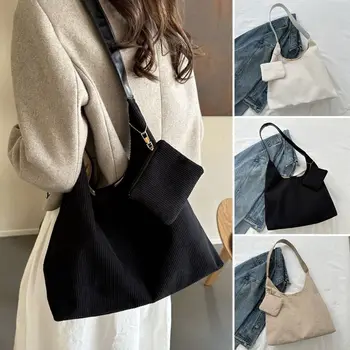 Вельветовые сумки-тоут, модная однотонная хозяйственная сумка большой емкости, сумка через плечо для женщин и девочек.  5