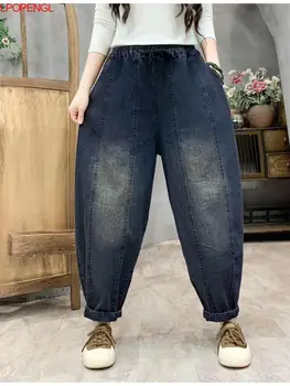 Весенняя женщина 2024, Винтажный этнический стиль, потертые застиранные джинсовые брюки, эластичный пояс, вертикальная полоса, свободные мешковатые джинсы  5