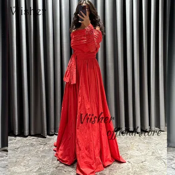 Вечерние платья Viisher из красной тафты трапециевидной формы с вырезом лодочкой, вечернее платье Саудовской Аравии, Длинные платья для выпускного вечера в Дубае на заказ  3