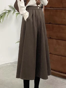Винтажные длинные юбки, женская корейская модная шерстяная юбка с высокой талией, офисная женская осенне-зимняя элегантная повседневная юбка Макси трапециевидной формы  5