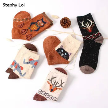 Винтажные толстые женские носки из кроличьей шерсти, ретро зимние носки Harajuku с животными, сова, олень, кошка, слон, бренд lovely cute cotton  5
