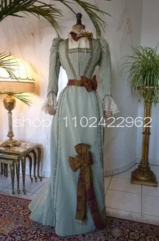 Винтажный Викторианский шелковый костюм для прогулок 1898 года, вечерние платья с длинным рукавом, костюм Эпохи Короля Эдуарда, платье для выпускного вечера с кружевным бантом  5