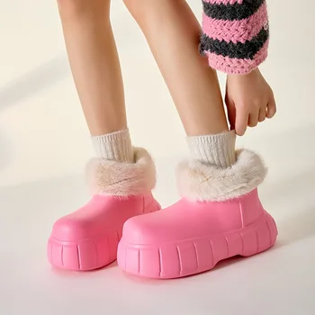 Водонепроницаемые зимние ботинки для девочек, зимняя женская уличная хлопчатобумажная обувь на платформе с толстой подошвой, женские теплые плюшевые короткие пинетки, Пушистая обувь  5
