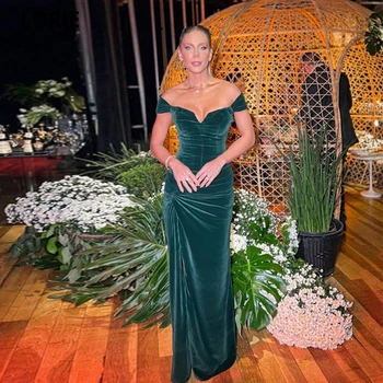 Выпускное платье LORIE Mermaid с открытыми плечами и рукавами, праздничные вечерние платья из зеленого велюра в винтажном стиле.  3