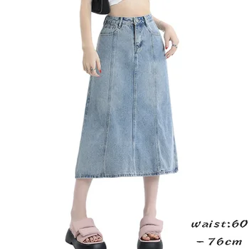 Высококачественная длинная джинсовая бандажная юбка для женщин, трапециевидной формы, новая винтажная одежда для молодых леди 2024 года - синий  5