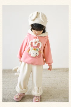Горячая распродажа, Осенне-зимние Штаны для маленьких девочек, Плотные брюки с каймой в виде кроличьих ушей, теплая детская верхняя одежда средней талии  5