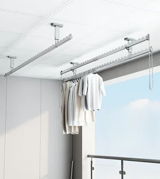 Двухслойная вешалка для одежды стационарная вешалка для одежды на балконе, установленная сверху, двухполюсная складная вешалка для одежды из алюминиевого сплава с ручным подъемом  2