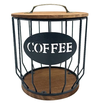 Держатель для кофе с деревянной крышкой, корзина для контейнеров для хранения кофе большой емкости, круглый футляр для держателя кофе для прилавка Прочный черный  3