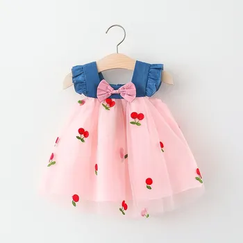 Детская одежда 2024, летняя новая юбка принцессы для девочек с фруктовым принтом, милая юбка на подтяжках, детская повседневная джинсовая юбка с бантом  4