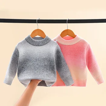 Детские свитера, Детский вязаный свитер, Детский свитер на флисовой подкладке, с круглым вырезом, Детские свитера для девочек, свитер, постепенно меняющий цвет  5