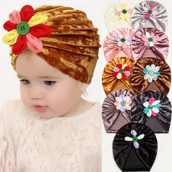 Детские цветочные шапочки-бини, шляпа с бантом, Бархатная шляпа для девочек, цветочный тюрбан, головные уборы для малышей, реквизит для фотосессии, головные уборы для младенцев  4