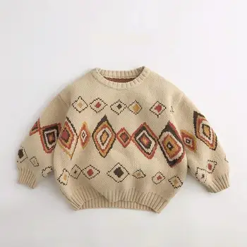 Детский вязаный свитер, Осень-Зима, Новый пуловер в клетку с ромбами для мальчиков, Свободный повседневный трикотаж для маленьких девочек, Детская одежда  5