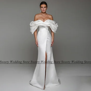 Дешевое атласное свадебное платье с разрезом спереди, с открытыми плечами, с V-образным вырезом, с рюшами, со складками, со шлейфом, корсет, свадебное платье 