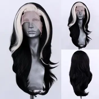 Длинные Волнистые Белые блики, Черный парик на кружеве спереди Для женщин, Искусственные парики из бесклеевых мягких волос 180% плотности, предварительно Выщипанный Косплей  5