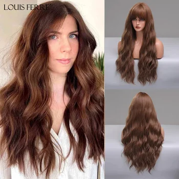 Длинные коричневые волнистые парики LOUIS FERRE, синтетические парики, медово-коричневый парик с челкой, высокотемпературное волокно для чернокожих женщин, термостойкие  5