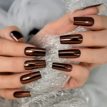 Длинные металлические накладки коричневого цвета в стиле панк на ногти, отражающее зеркало, накладные ногти, квадратные салонные насадки для нейл-арта.   5