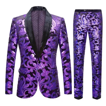 Европейский размер (блейзер + брюки) мужской костюм Модный тренд Тонкое фиолетовое бархатное свадебное платье с пайетками для жениха Комплект из 2 предметов  5