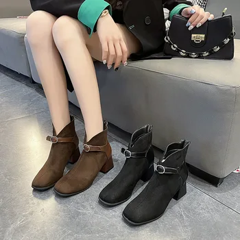 Женская Замшевая Обувь на среднем каблуке в стиле Ретро, Новинка Зимы, Массивные Ботильоны 