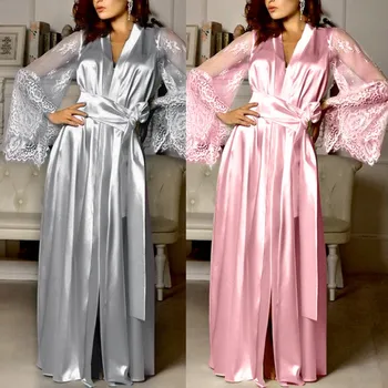 Женская зимняя однотонная сексуальная атласная длинная юбка, кружевной пижамный костюм 2024, Модная ночная рубашка, пижамный костюм для женщин  10