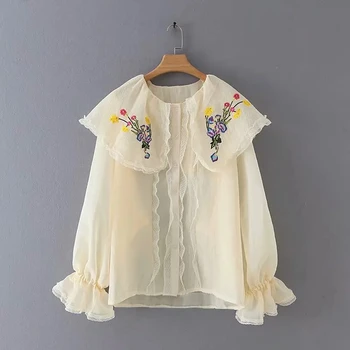 Женская кружевная рубашка с цветочной вышивкой, свободная рубашка для отдыха, блузка с длинными рукавами, топы с воротником 