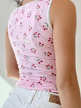 Женская модная сетчатая укороченная майка без рукавов в стиле пэчворк с вишневым принтом, летняя повседневная приталенная футболка с U-образным вырезом, жилет  4