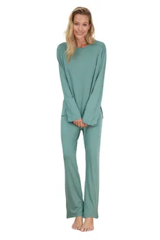Женская однотонная домашняя одежда с длинным рукавом Trendyol, 2 упаковки, Обычный пижамный комплект  3
