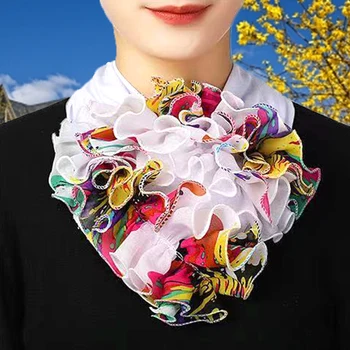 Женская повязка на голову из шифона с цветочным принтом, накладной воротник, шейный платок с оборками, Съемный Элегантный Эластичный теплый  5