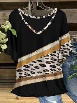 Женская топовая 3D футболка свободного кроя с V-образным вырезом и цветочным леопардовым принтом, повседневная футболка с коротким рукавом, летняя уличная одежда  5