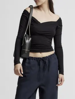 Женская футболка, топы с длинным рукавом и открытыми плечами, плиссированная однотонная приталенная женская уличная одежда  5