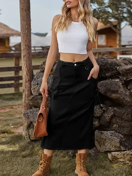 Женская юбка-карго Edhomenn Миди, однотонная джинсовая юбка на шнурке с карманами, длинная юбка Y2k, уличная одежда  3