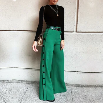 Женские брюки Missuoo зеленого цвета с высокой талией, широкие прямые брюки до пола на пуговицах сбоку, городские женские брюки для пригородных поездок  5