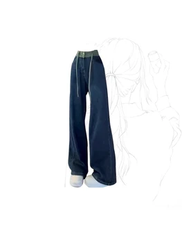 Женские винтажные синие джинсы с высокой талией Уличная одежда Y2k Широкие джинсовые брюки Корейские Мешковатые Повседневные Прямые брюки в стиле пэчворк Летние  5