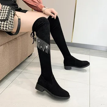 Женские высокие сапоги, осенне-зимние новые модные женские носки из эластичной ткани, сапоги, женские бархатные теплые сапоги выше колена на высоком каблуке  5