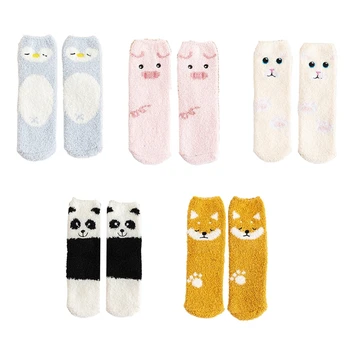 Женские зимние пушистые носки-тапочки с мультяшными животными, Панда, Собака, кошка, свинья, Пингвин, коралловые теплые носки для сна  5