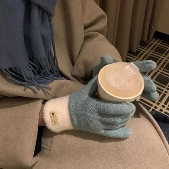 Женские зимние теплые вязаные перчатки Плюшевые осенне-зимние теплые двухслойные толстые перчатки Лыжные перчатки с сенсорным экраном  0