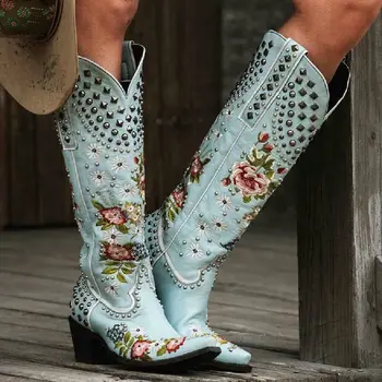 Женские Ковбойские сапоги до колена в западном стиле с вышивкой и заклепками на массивном каблуке Knight ShoesNew 2024  5