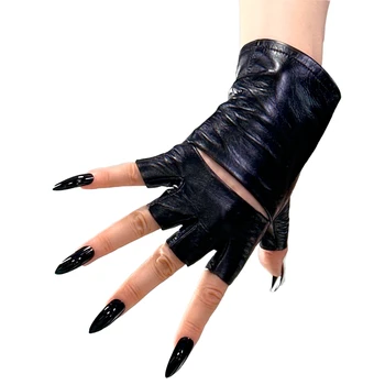 Женские короткие перчатки DooWay из натуральной кожи с латексным блеском, черные полые перчатки на половину пальца сзади, модные перчатки для вождения на Хэллоуин  5