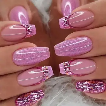 Женские накладные ногти с клеем Розово-фиолетового цвета, гель с блестками, накладные ногти, Французский маникюр с блестками, Набор для нейл-арта 