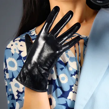 Женские перчатки DooWay из черной кожи, импортная овчина, блестящие, с влажным эффектом, короткие зимние теплые перчатки для вождения  4