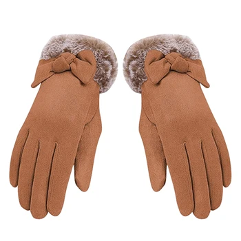 Женские перчатки Осень Зима, Пушистые теплые вязаные варежки с милым бантом, женские перчатки для занятий спортом на открытом воздухе  5