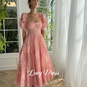 Женские платья средней длины Lucy для выпускного вечера, кружевное платье с пышными рукавами, праздничное платье Es, Розовое выпускное платье, женское вечернее платье  5