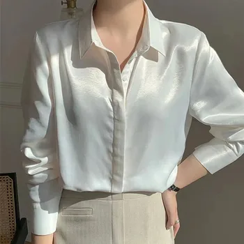 Женские рубашки из искусственного белого атласа Lucyever, Корейская элегантная Шелковая офисная блузка с отложным воротником, однотонная рубашка на пуговицах  4