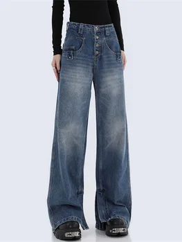 Женские синие мешковатые джинсовые брюки на четырех пуговицах, Прямая уличная одежда с высокой талией, Винтажные повседневные модные женские джинсовые широкие брюки  5