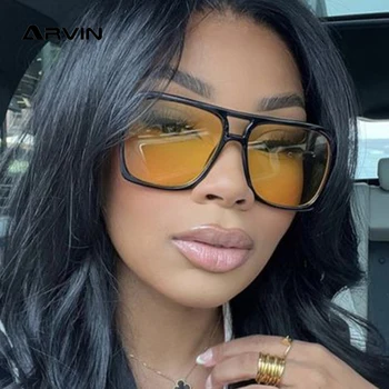 Женские солнцезащитные очки с квадратным двойным мостом 2023 года винтажного бренда с солнцезащитными очками в большой оправе UV400 Женские черножелтые солнцезащитные очки  5