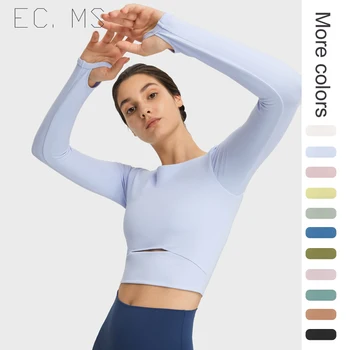 Женские спортивные топы с отверстиями для большого пальца с подкладкой, выдалбливают быстросохнущие спортивные футболки Flex Slim Crop для бега, йоги  2